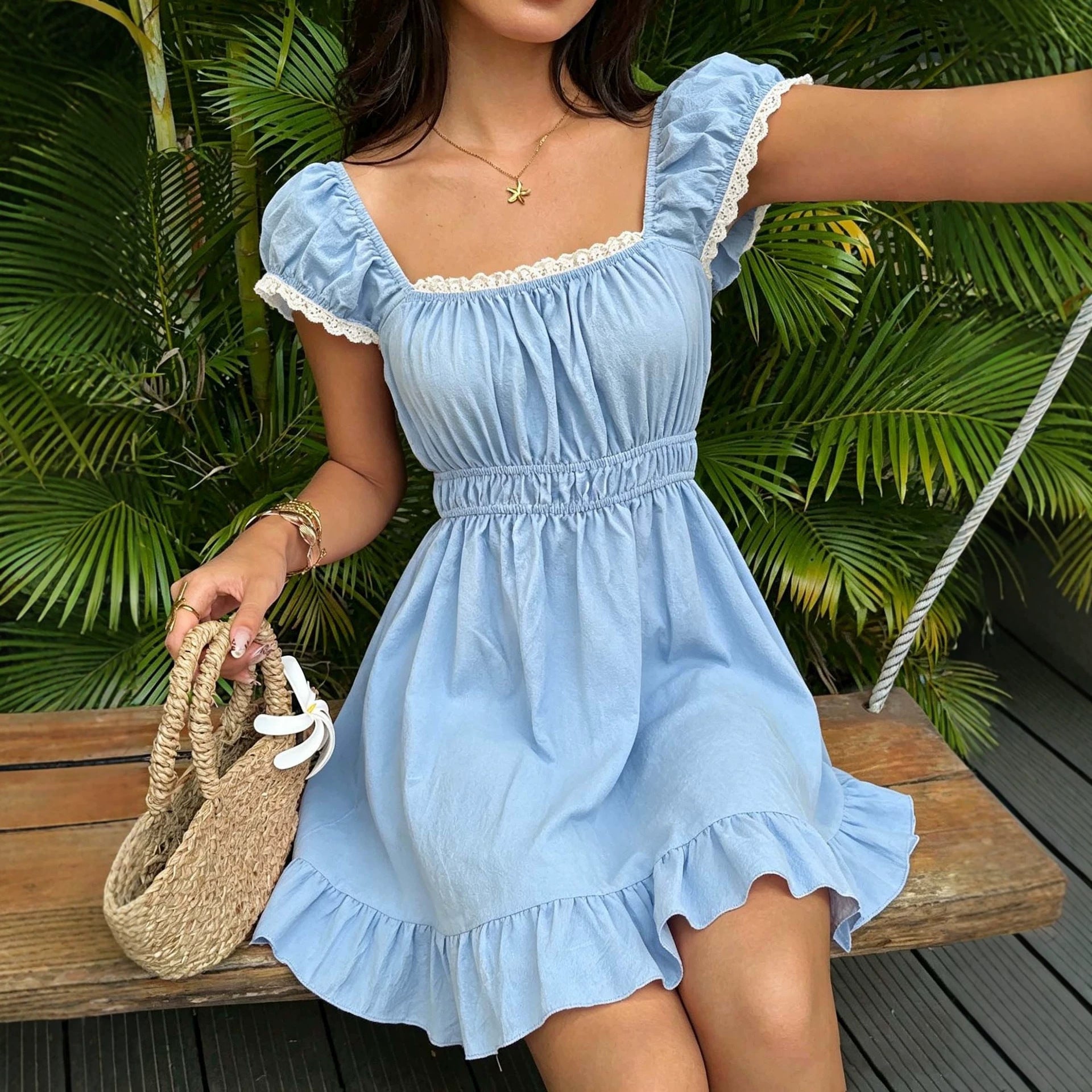 Vestido A-Line de Estilo Francés con Mangas Abullonadas para Mujer